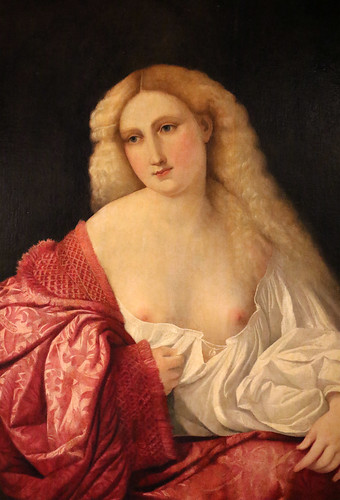 Castità; Jacopo Palma l’Ancien, pseudonyme de Jacomo Nigretti de Lavalle (Serina, 1480 (?) – Venise, 1528) – portrait féminin dit la courtisane (1520) – huile sur toile 101 x 87 cm. – Musée Poldi Pezzoli, Milan