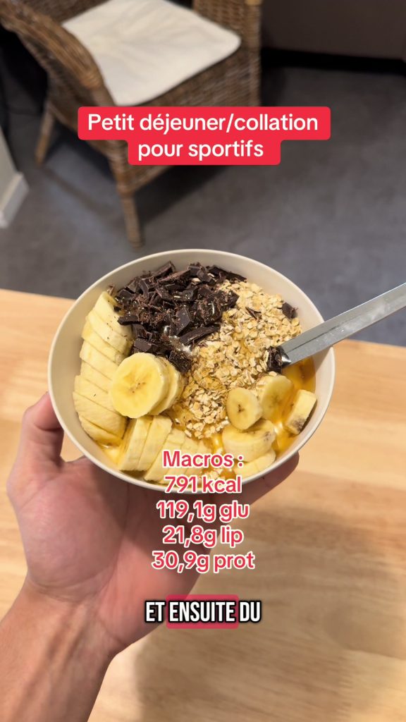 préparation sportive; Réponse à  𝒱. Petit déjeuner/collation pour sportifs  Macros : 791 kcal 119,1g
